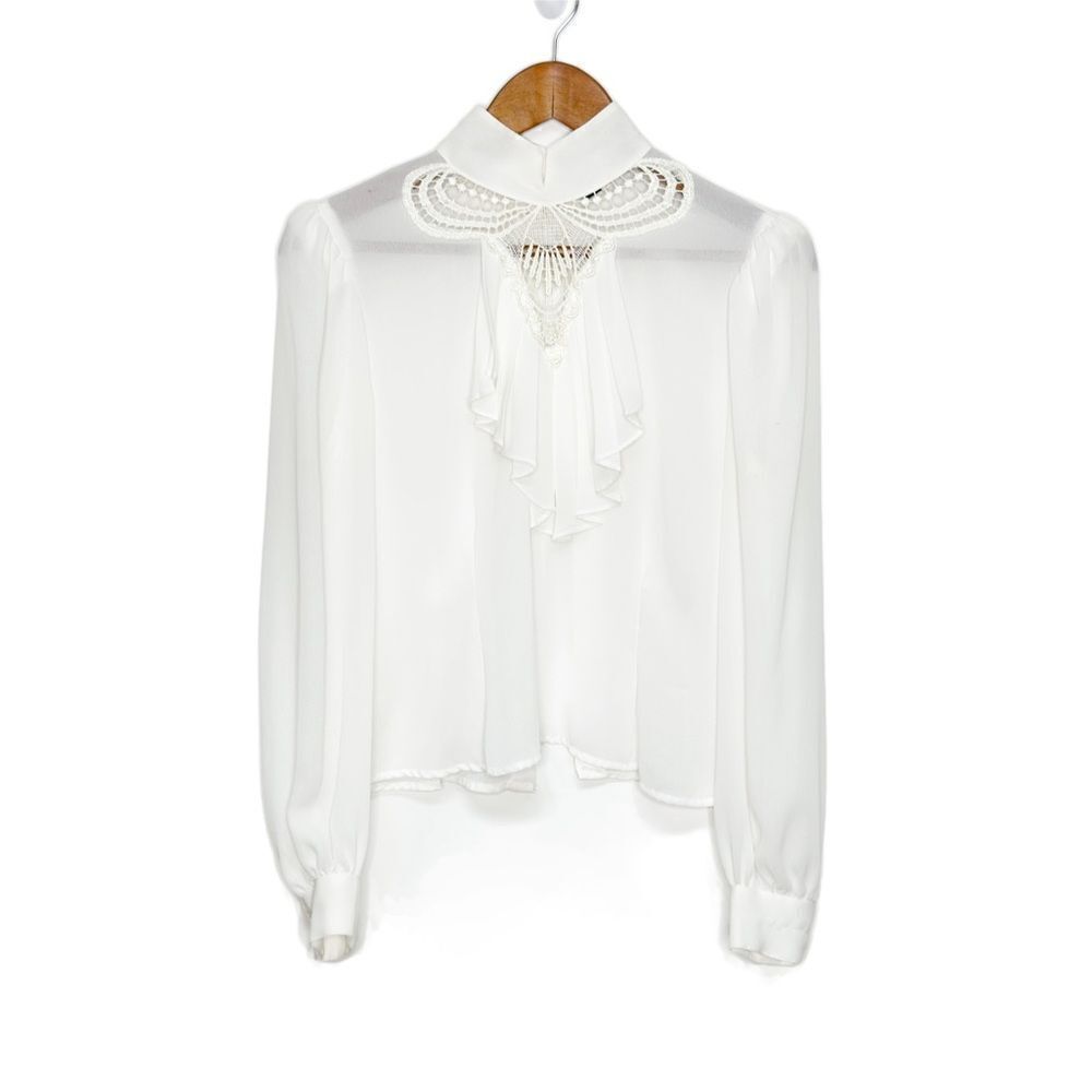 Vintage Morgan City Lace Pleated Collar Blouse Top Ivory Size Medium